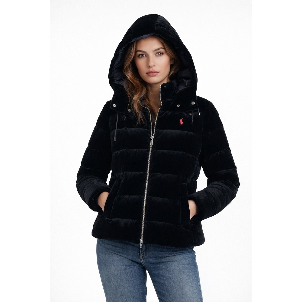 Polo Ralph Lauren Velvet Puffer Jacket Women XS Black Silk Blend Hood Luxury Ski